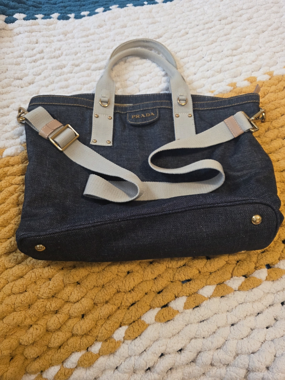 Prada Denim Tote Bag with Light Gray Straps